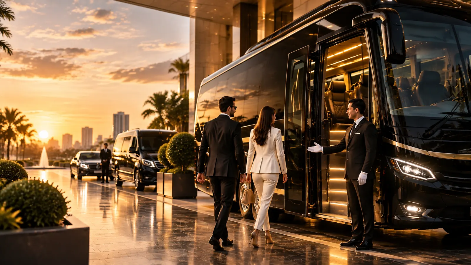 Guests arriving at a hotel entrance with an Express Lyft coach