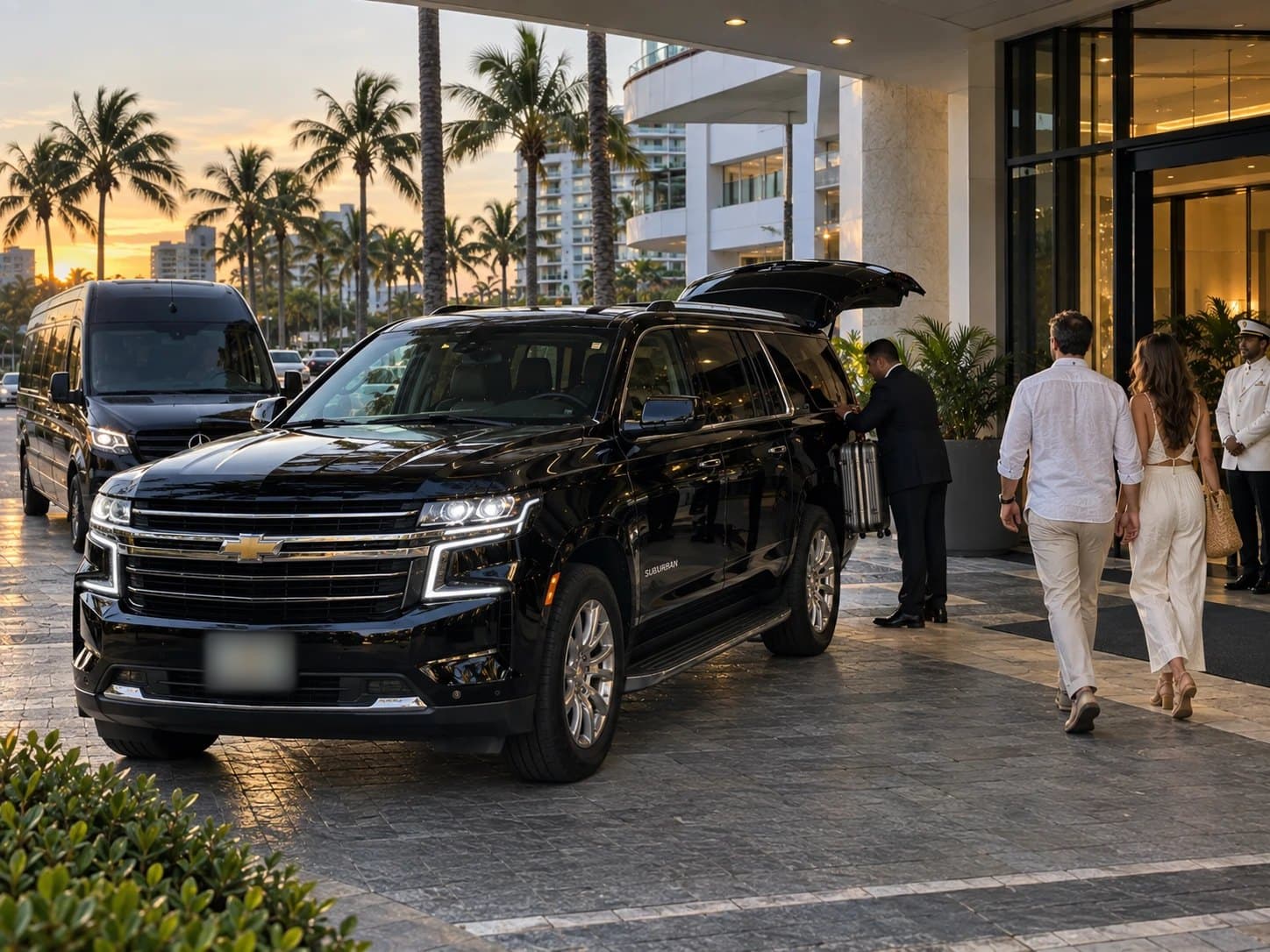 Chauffeur loading luggage into a black Chevrolet Suburban at a Miami hotel entrance, with a Sprinter van waiting behind